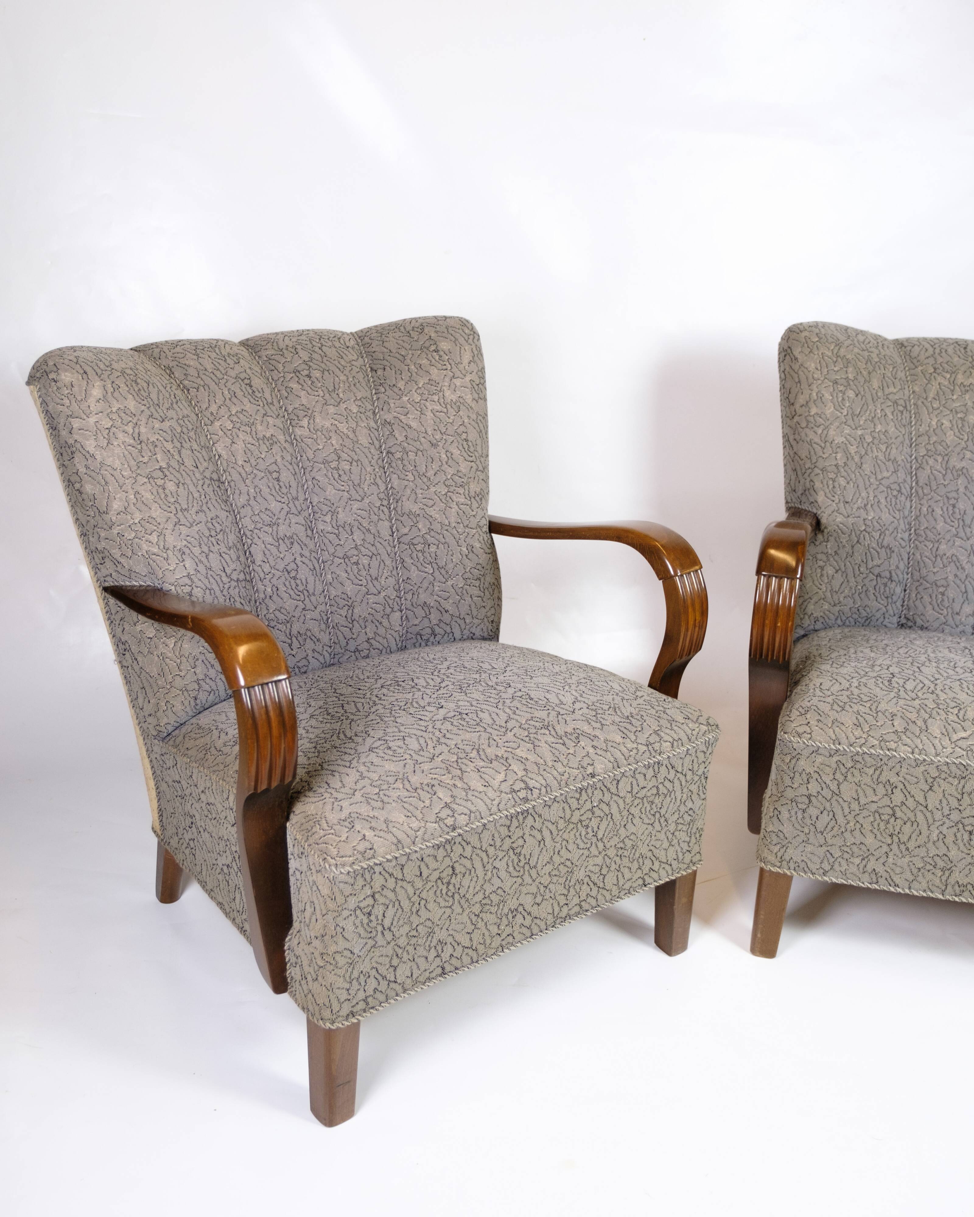 Set Of Two Armchairs In Floral Fabric & Dark Polished Wood, Danish Design From 1960s