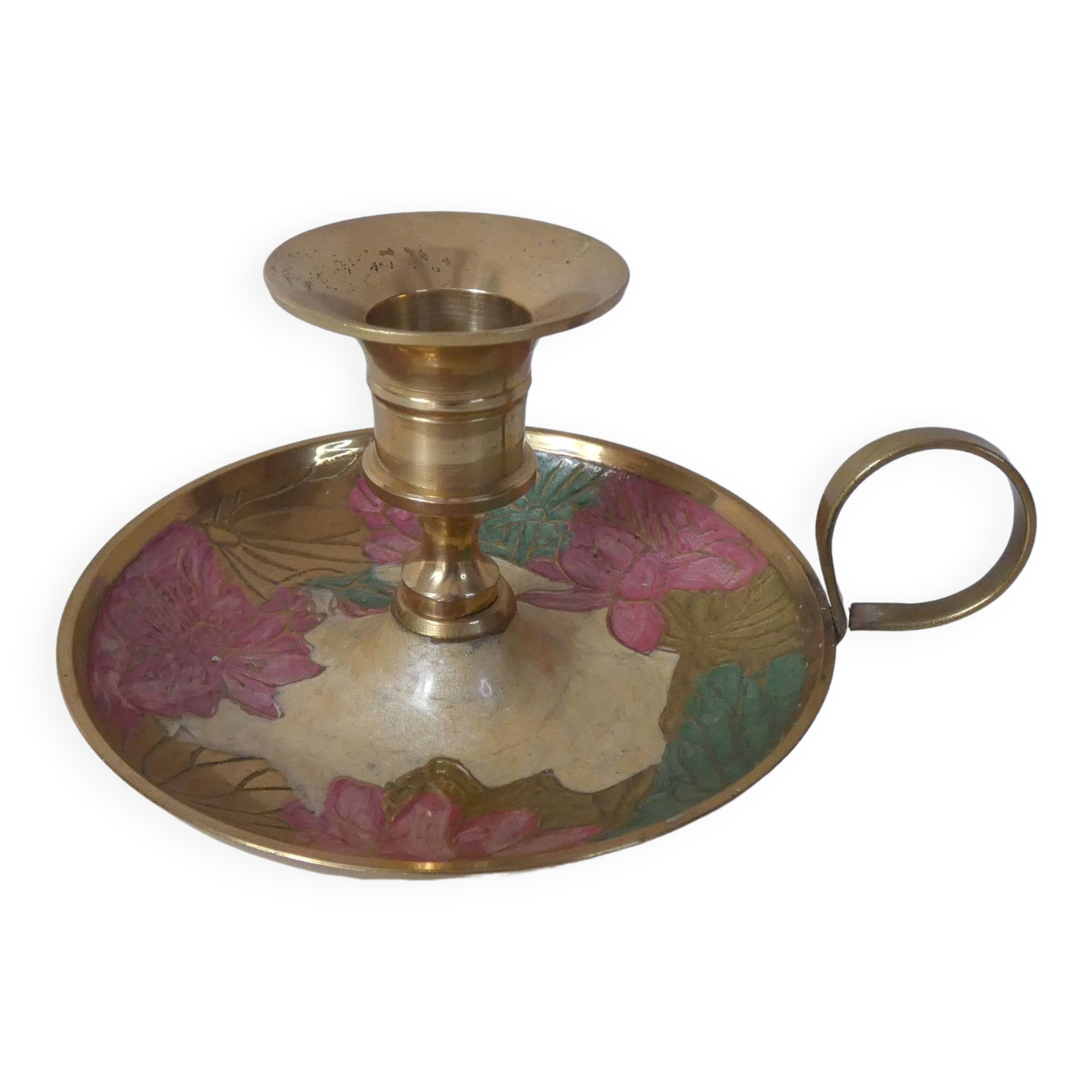 Vintage enameled brass hand candle holder