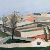 Mid-century modern swedish "slope" landscape, framed oil painting