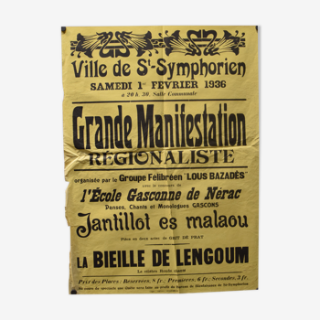 Affiche "Grande Manifestation Régionaliste" - Ville de St-Symphorien - 1936