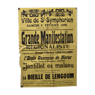 Affiche "Grande Manifestation Régionaliste" - Ville de St-Symphorien - 1936