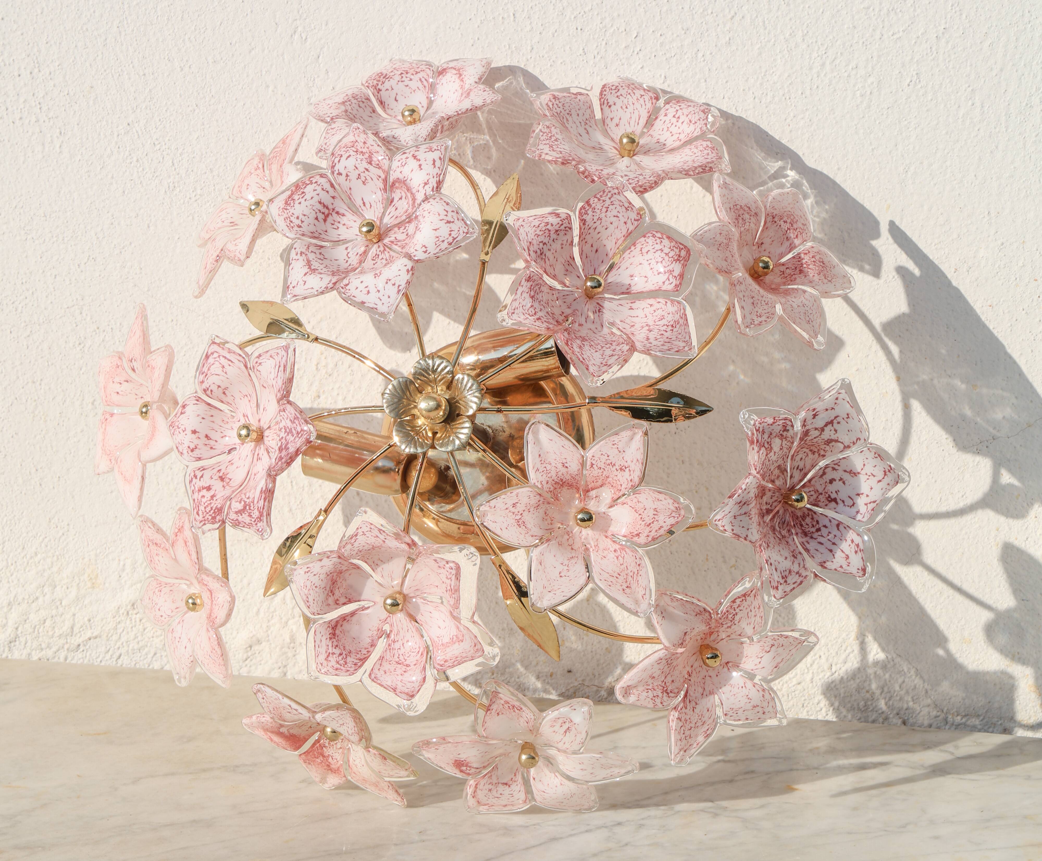 Lustre vintage Murano fleurs roses, années 1970