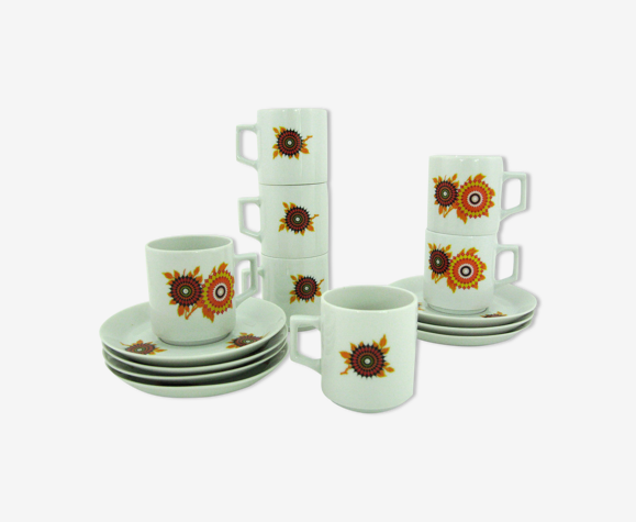 Tasses à café en porcelaine - décor floral rosace orange et jaune -  Winterling Bavaria Germany | Selency
