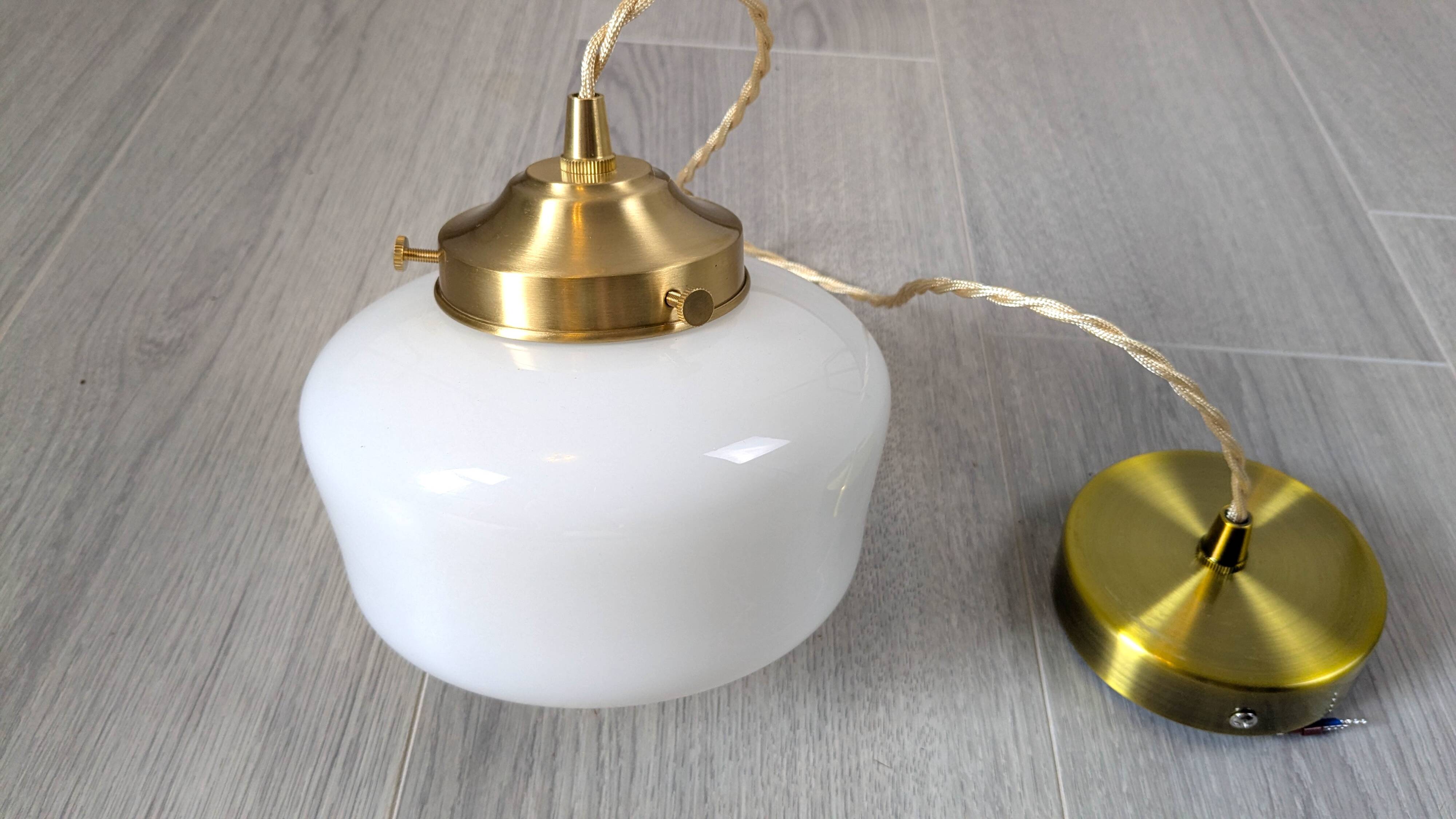 Antique opaline and brass pendant light – vintage globe 15 cm