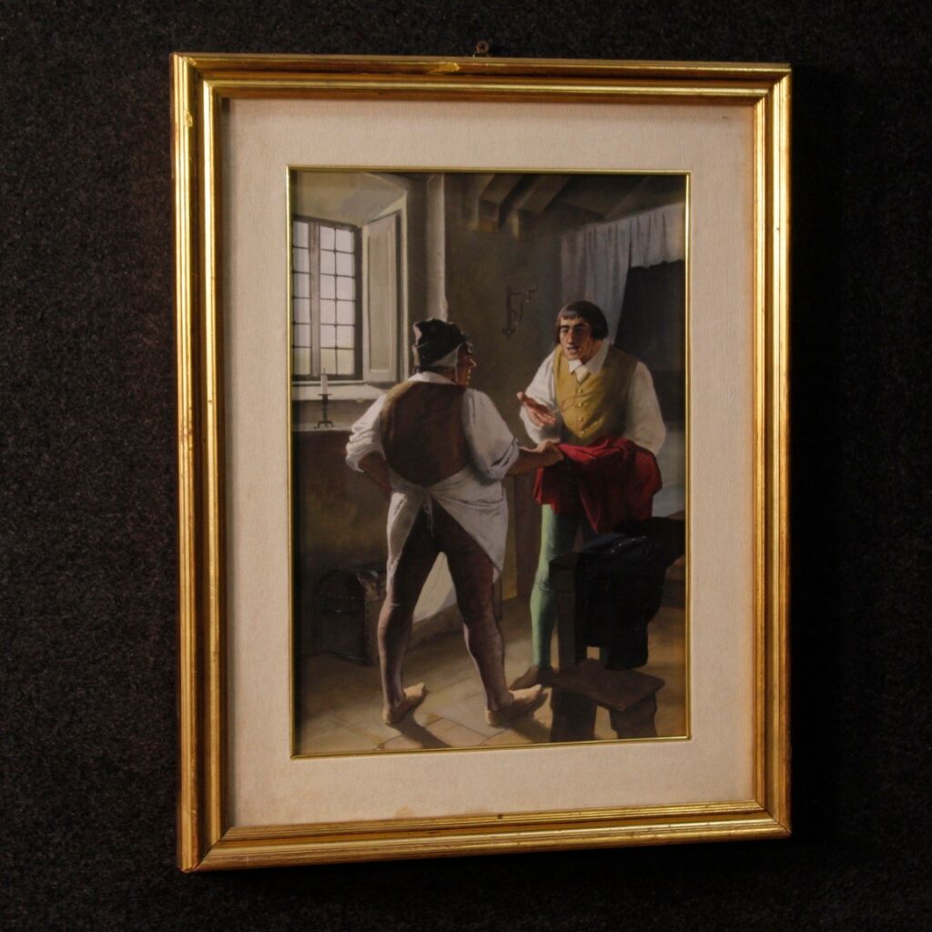 Italian painting interior scene with characters from XXth century