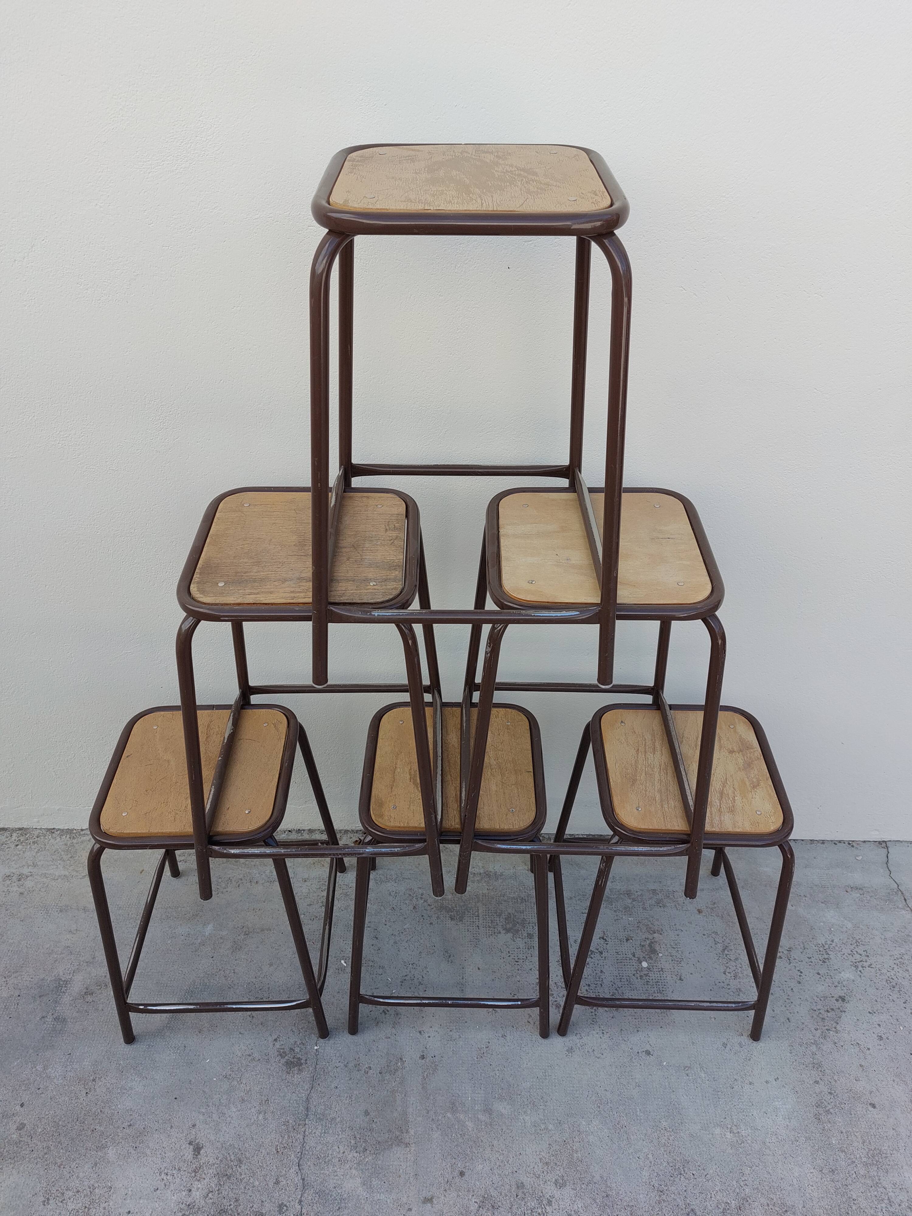 Series of 6 old workshop iron stools 1980