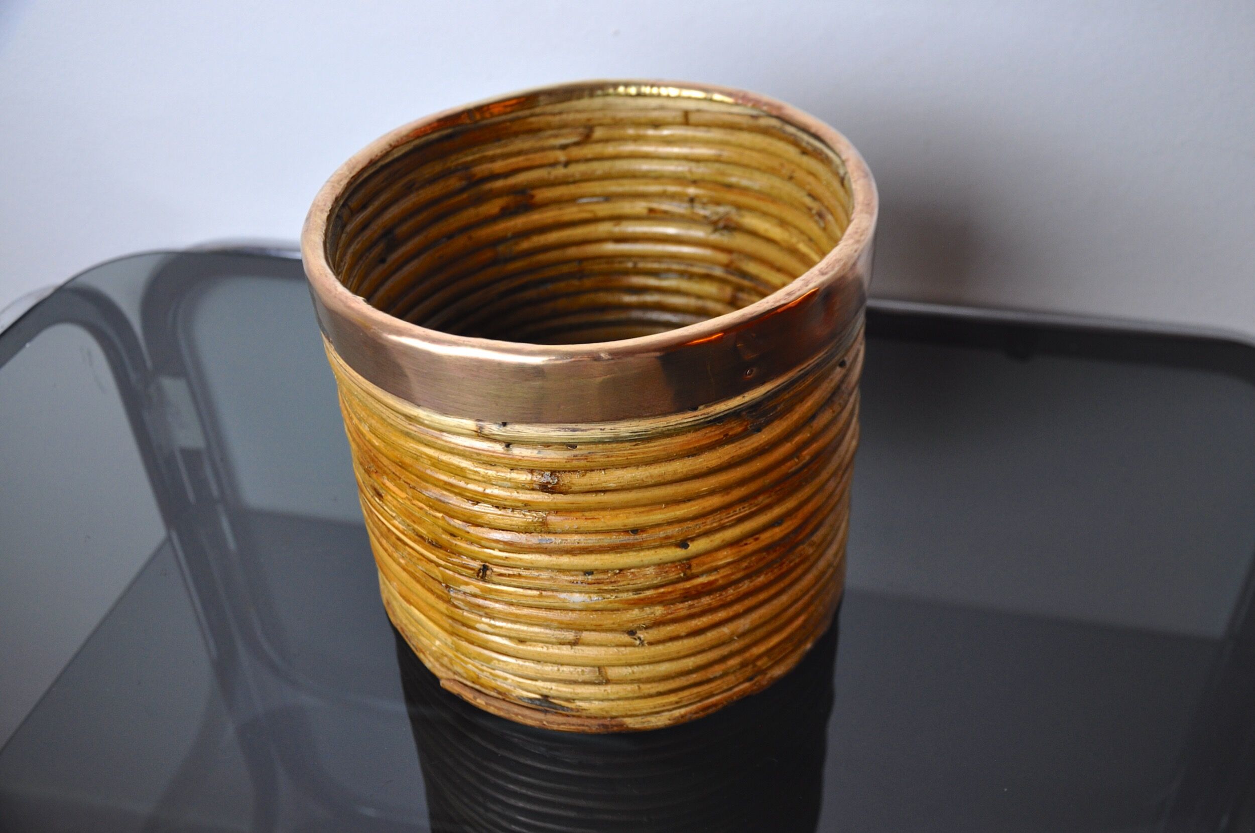 Rattan and copper basket, Italy, 1970