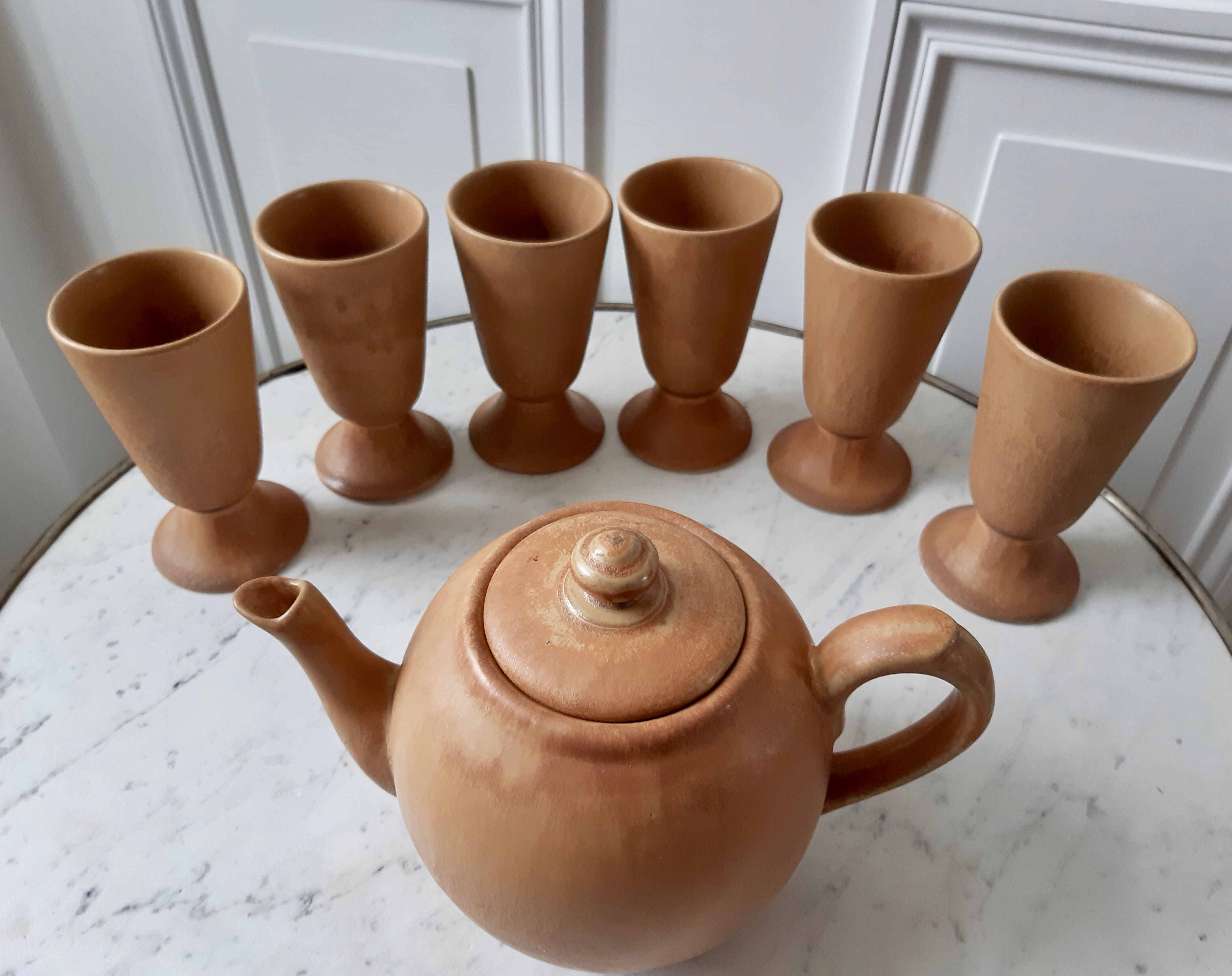 Tea teapot and mazagrans service in terracotta, vintage sandstone
