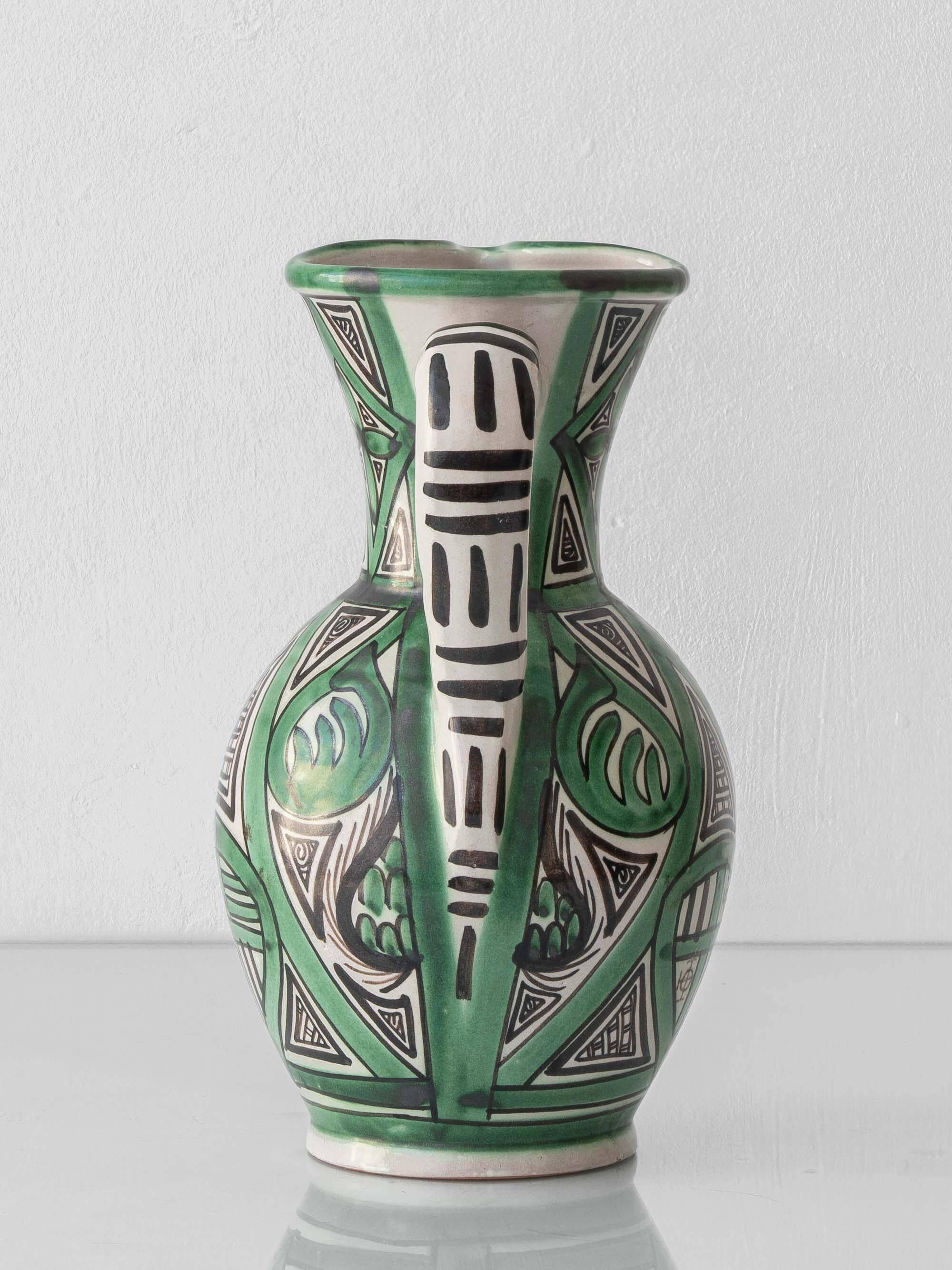 Spanish ceramic pitcher from the mid-century Mudéjar style in green and black, Punter.