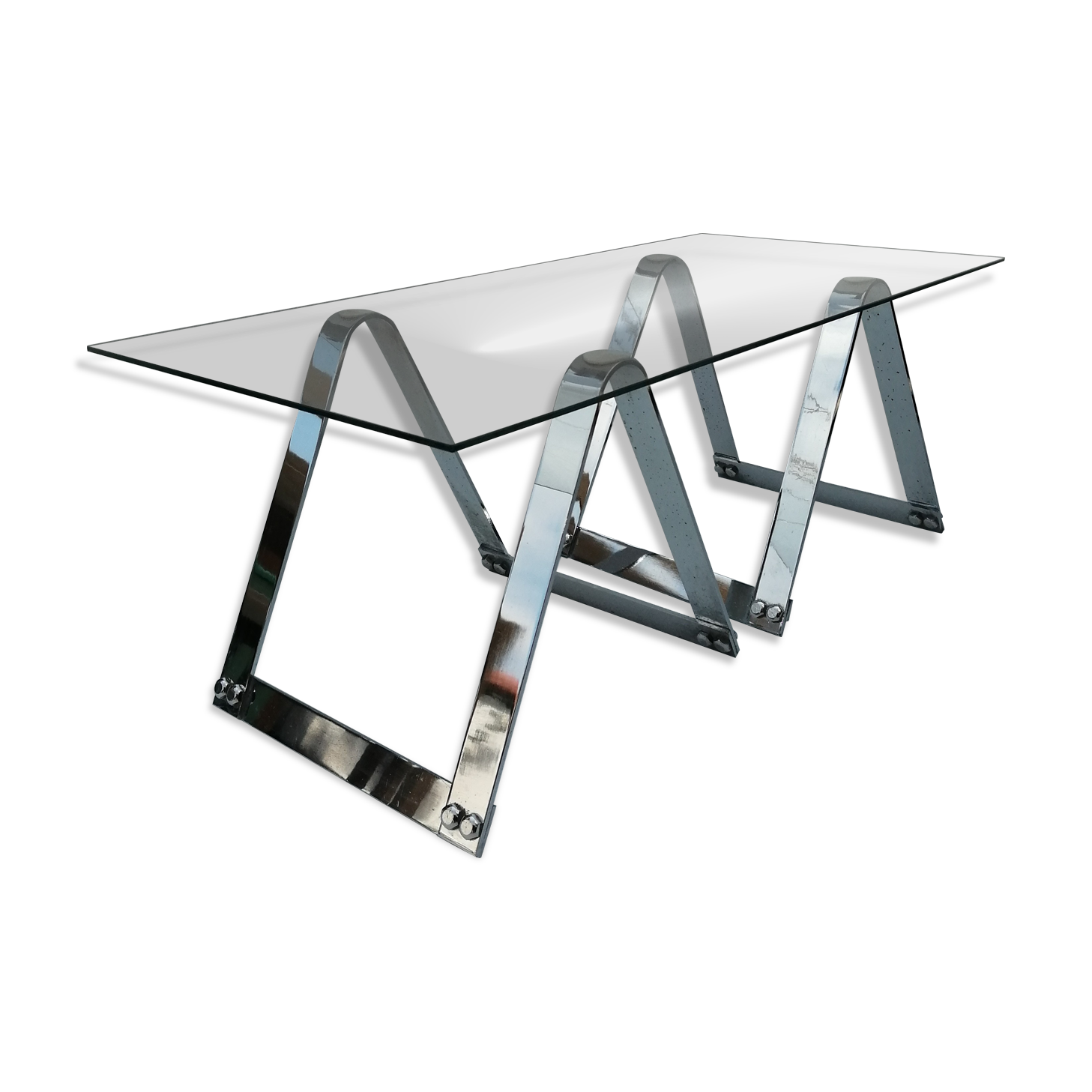 Glass and chrome coffee table, trestle legs, vintage 1960-1970