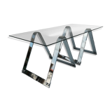 Glass and chrome coffee table, trestle legs, vintage 1960-1970