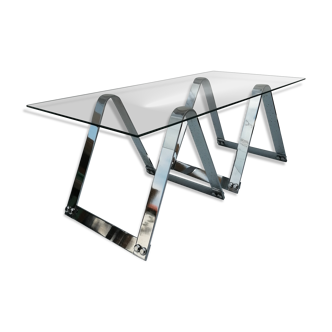 Table basse en verre et chrome, pieds tréteaux, vintage 1960-1970