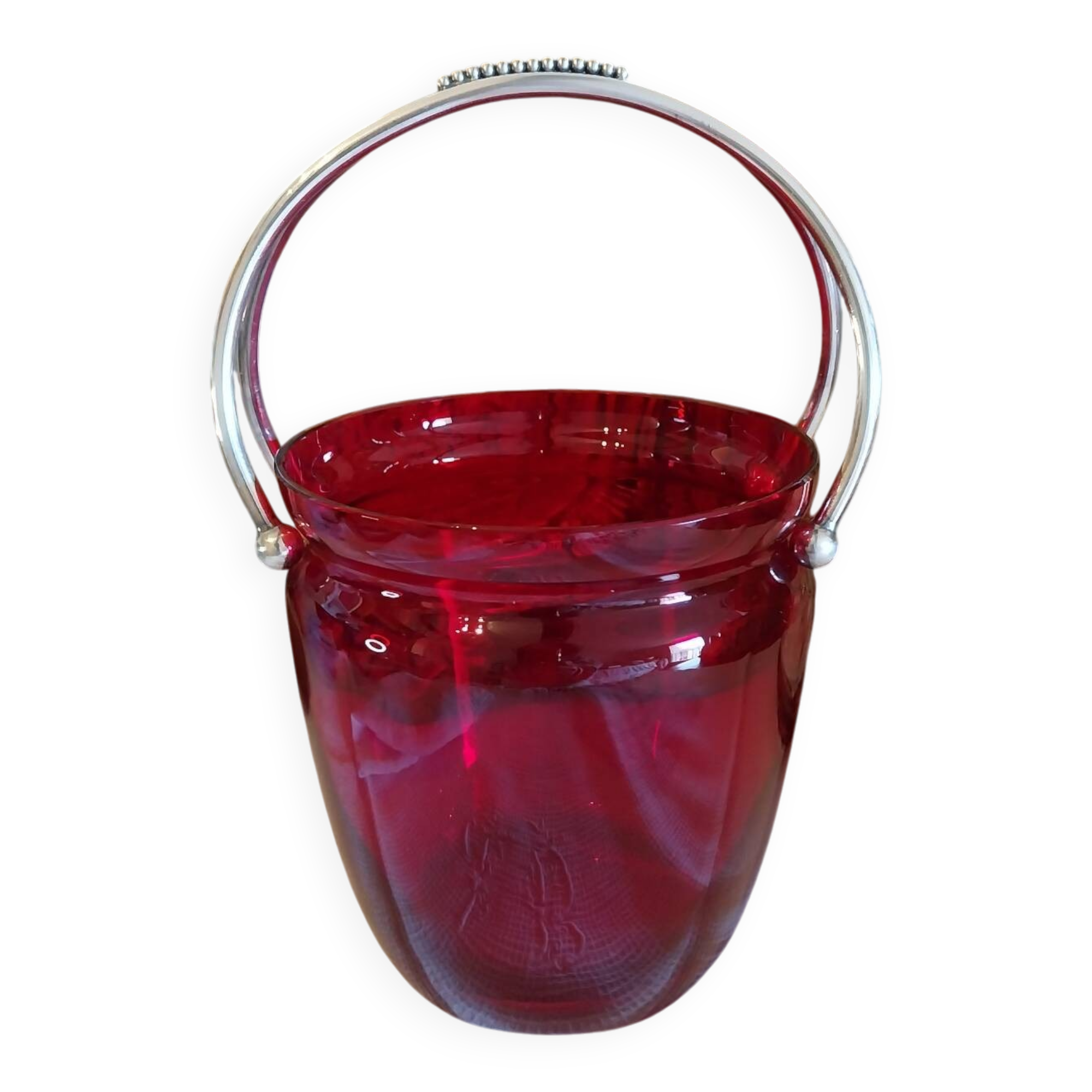 Vintage crystal ice bucket with silver-plated handle.