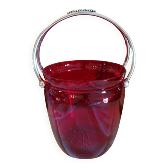 Vintage crystal ice bucket with silver-plated handle.