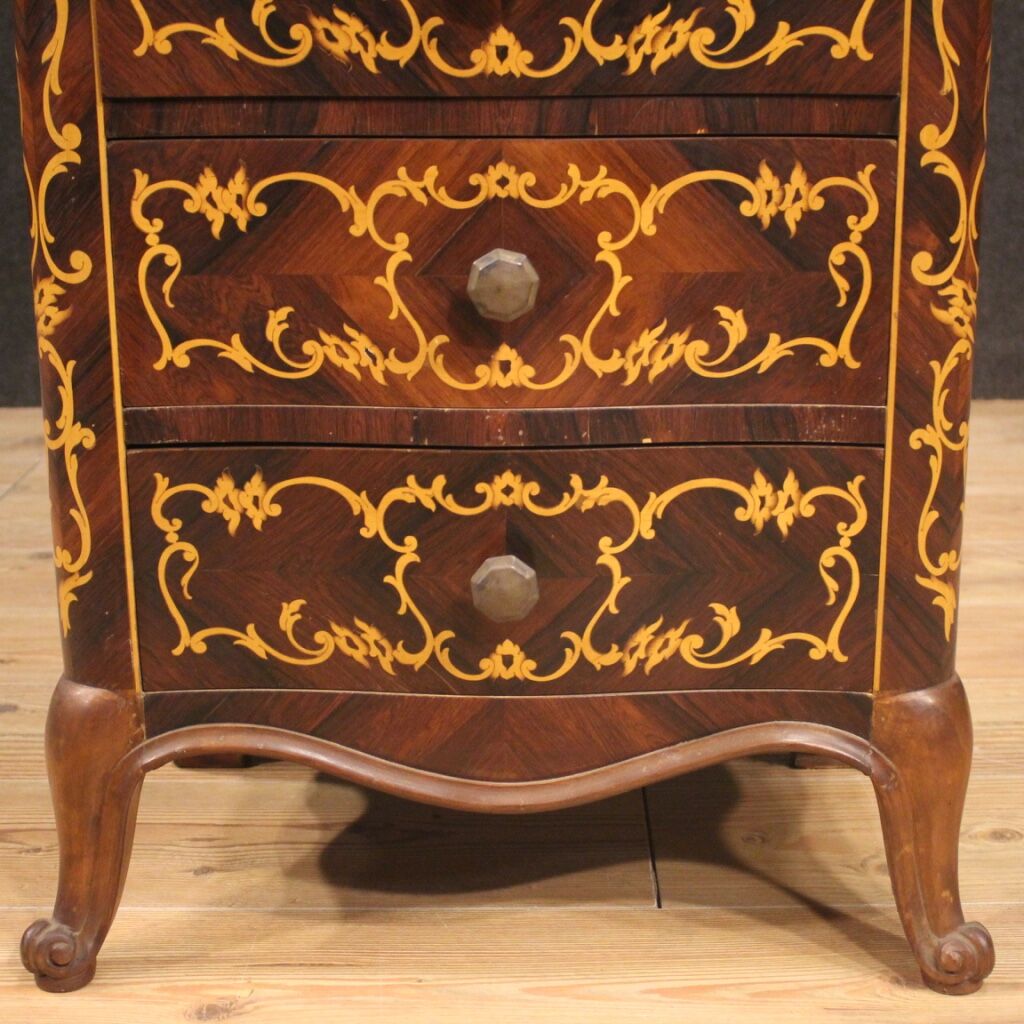 Pair of Italian inlaid bedside tables in walnut, maple and beech