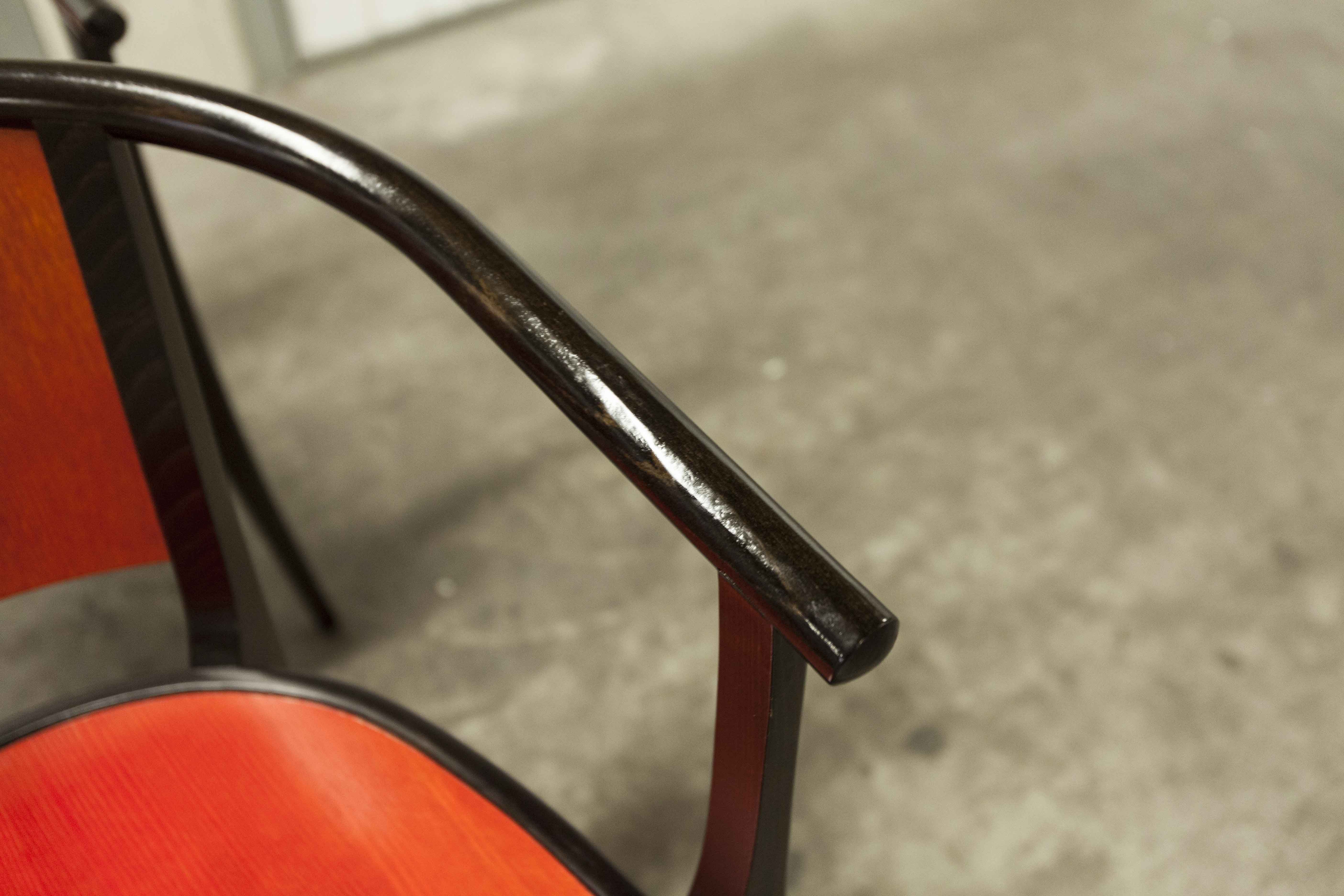 Table and 6 armchairs Baumann Diese, design Pagnon Pelhaître, Wenge color and red,