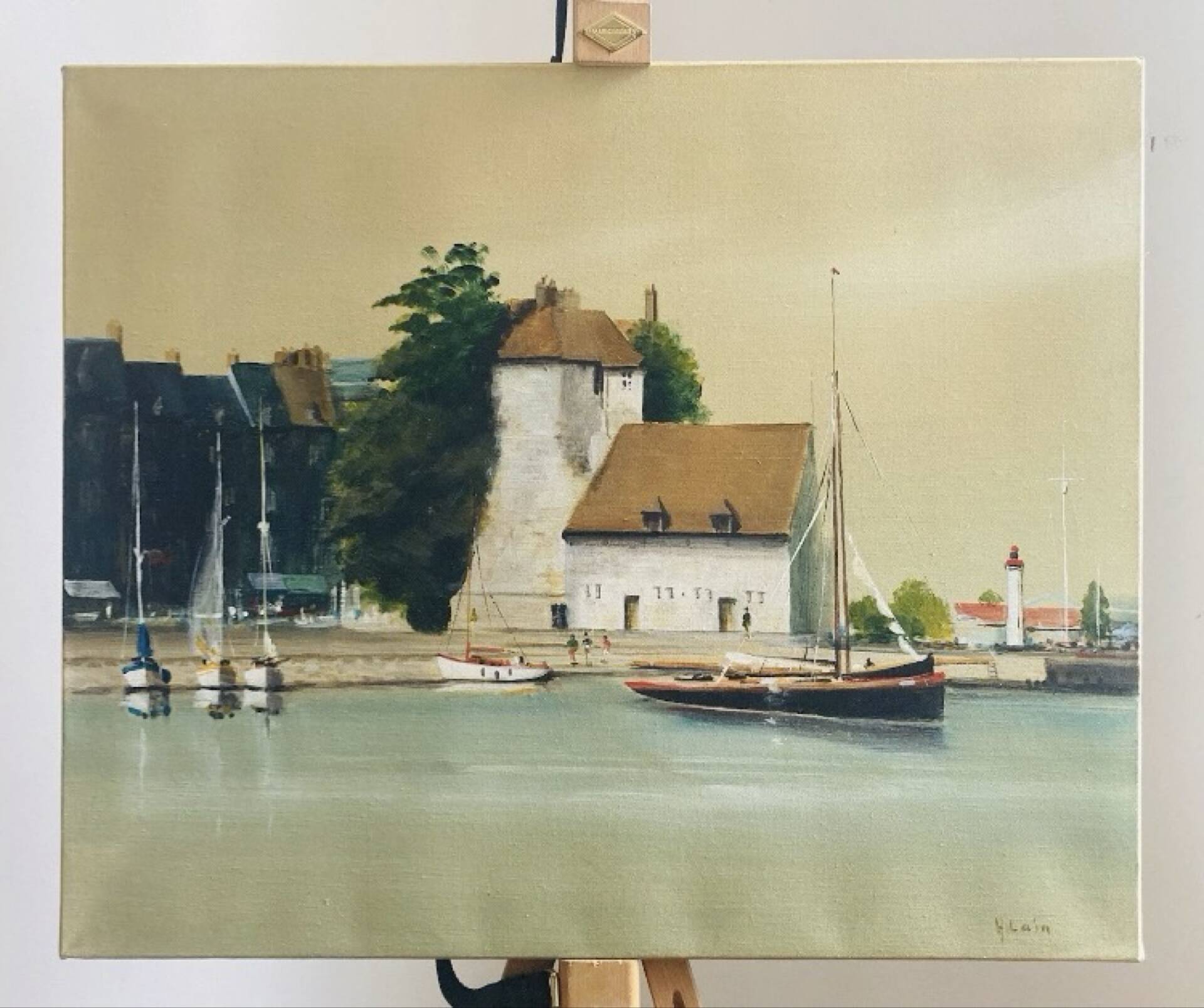 Oil painting on canvas of the old port of Honfleur signed Alain Huin.