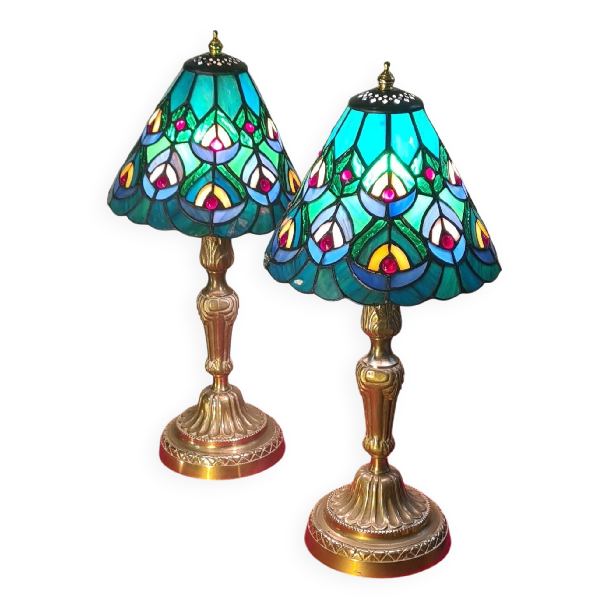 pair of antique bronze lamps, stained glass lampshades