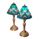 pair of antique bronze lamps, stained glass lampshades