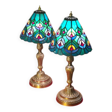 pair of antique bronze lamps, stained glass lampshades
