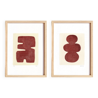 Duo of paintings on paper - dark terracotta - signed Eawy