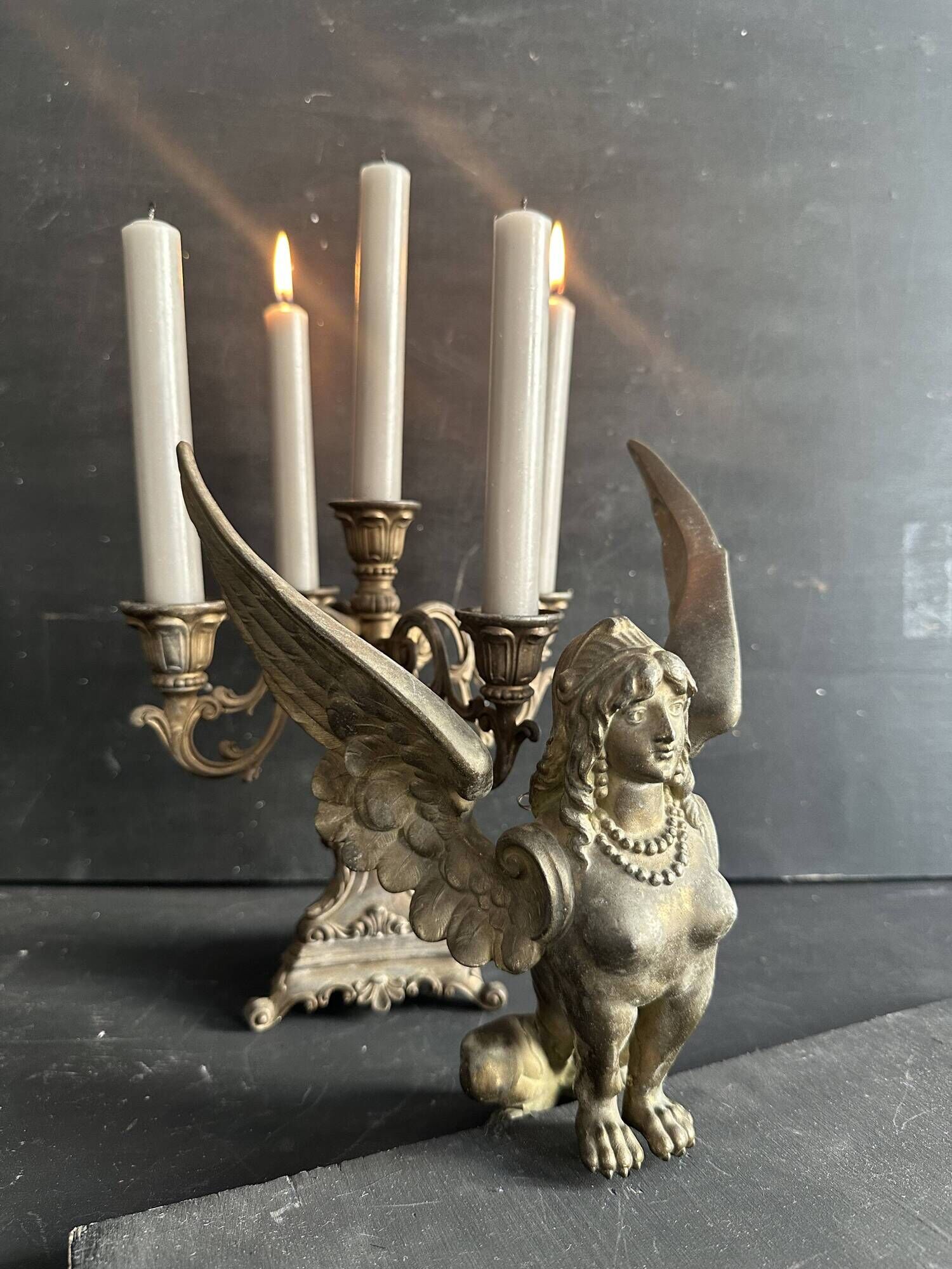 Small antique candelabrum with 5 lights in patinated brass - early 20th century
