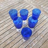 6 large blue textured glass stemmed glasses
