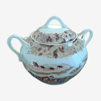 Bonbonnière Sucrier pot couvert en porcelaine à  Décors japonisant . Ancien