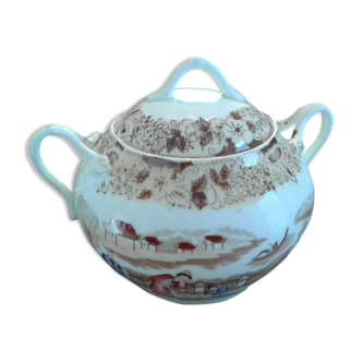 Candy, Sugar, porcelain covered pot with Japanese decorations. Old