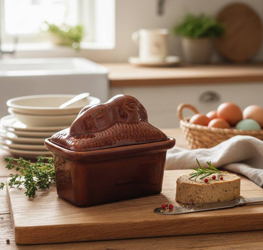 Vintage Rabbit Terrine in Glazed Ceramic - Brown Barbotine