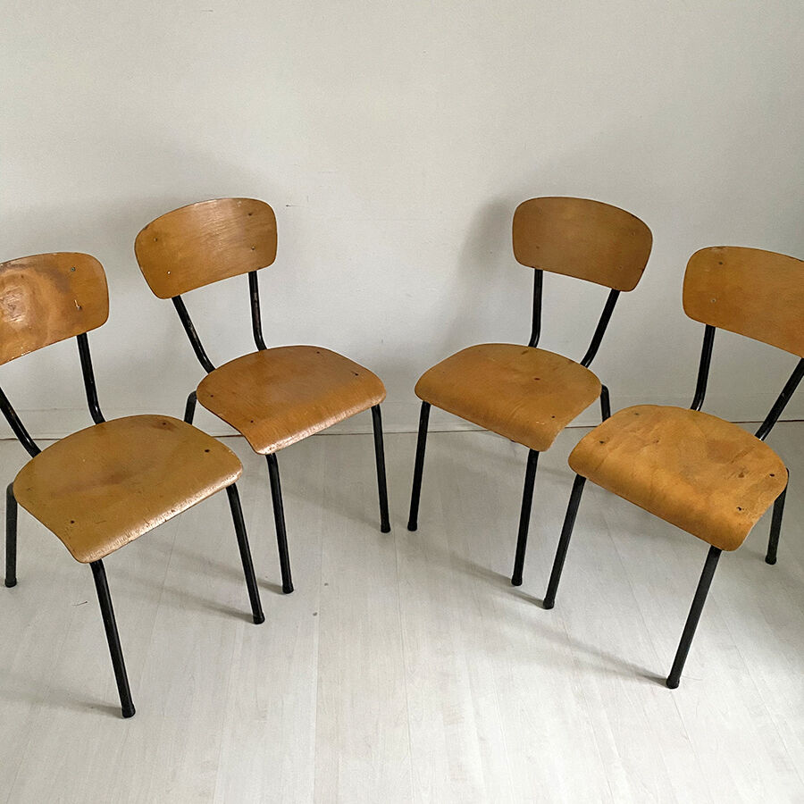 Set of 4 vintage school chairs 1970