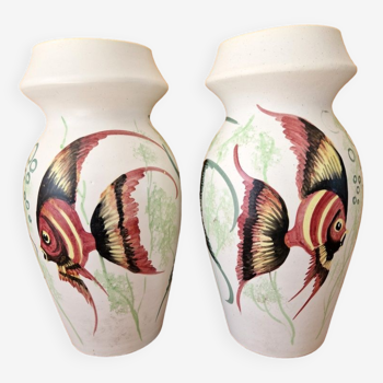 Jacques Fonck in Vallauris - Pair of ceramic vases - Decorated with 3 fish in seaweed