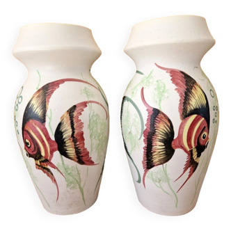 Jacques Fonck in Vallauris - Pair of ceramic vases - Decorated with 3 fish in seaweed