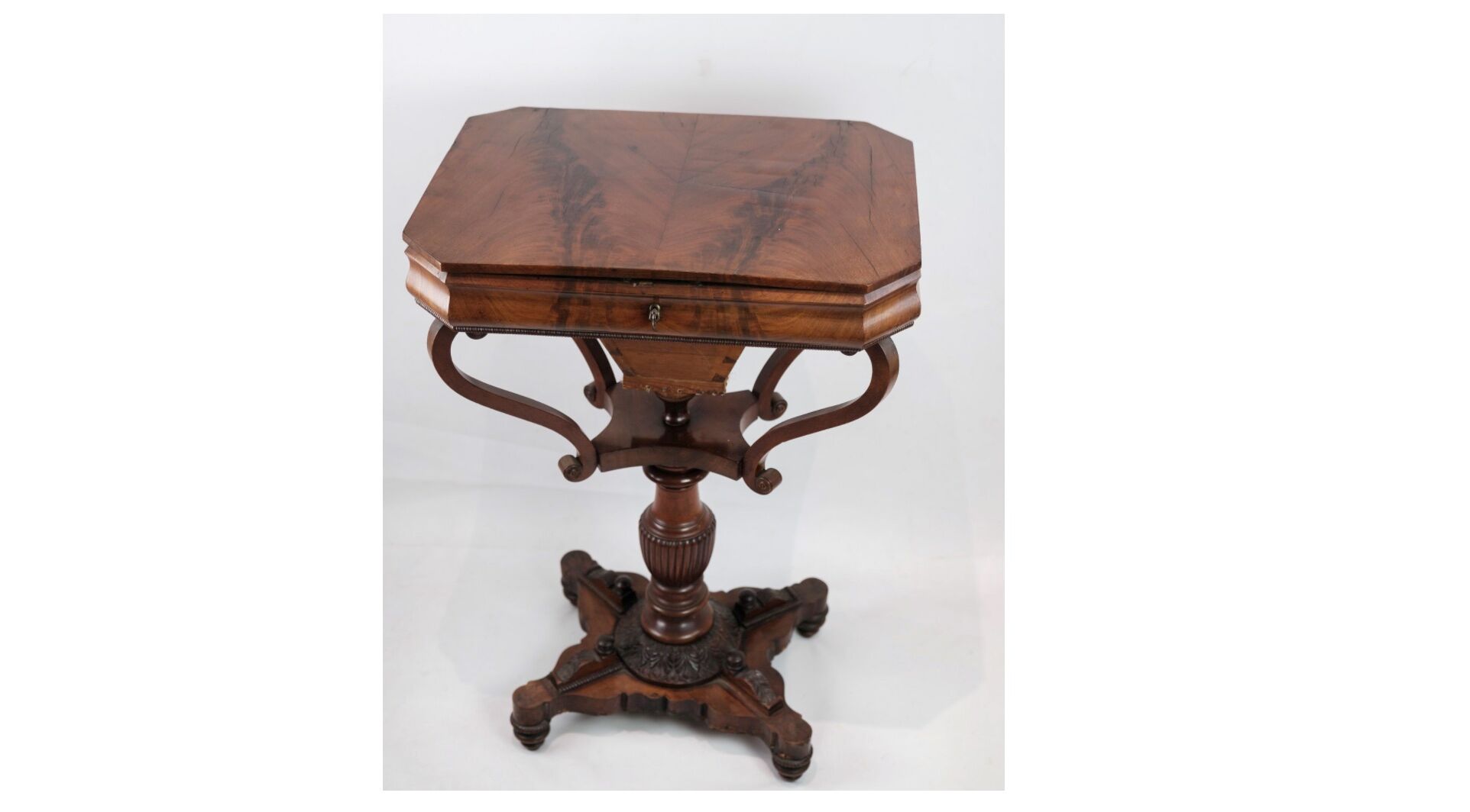 Antique mahogany sewing table on a pillar from around the year 1840s