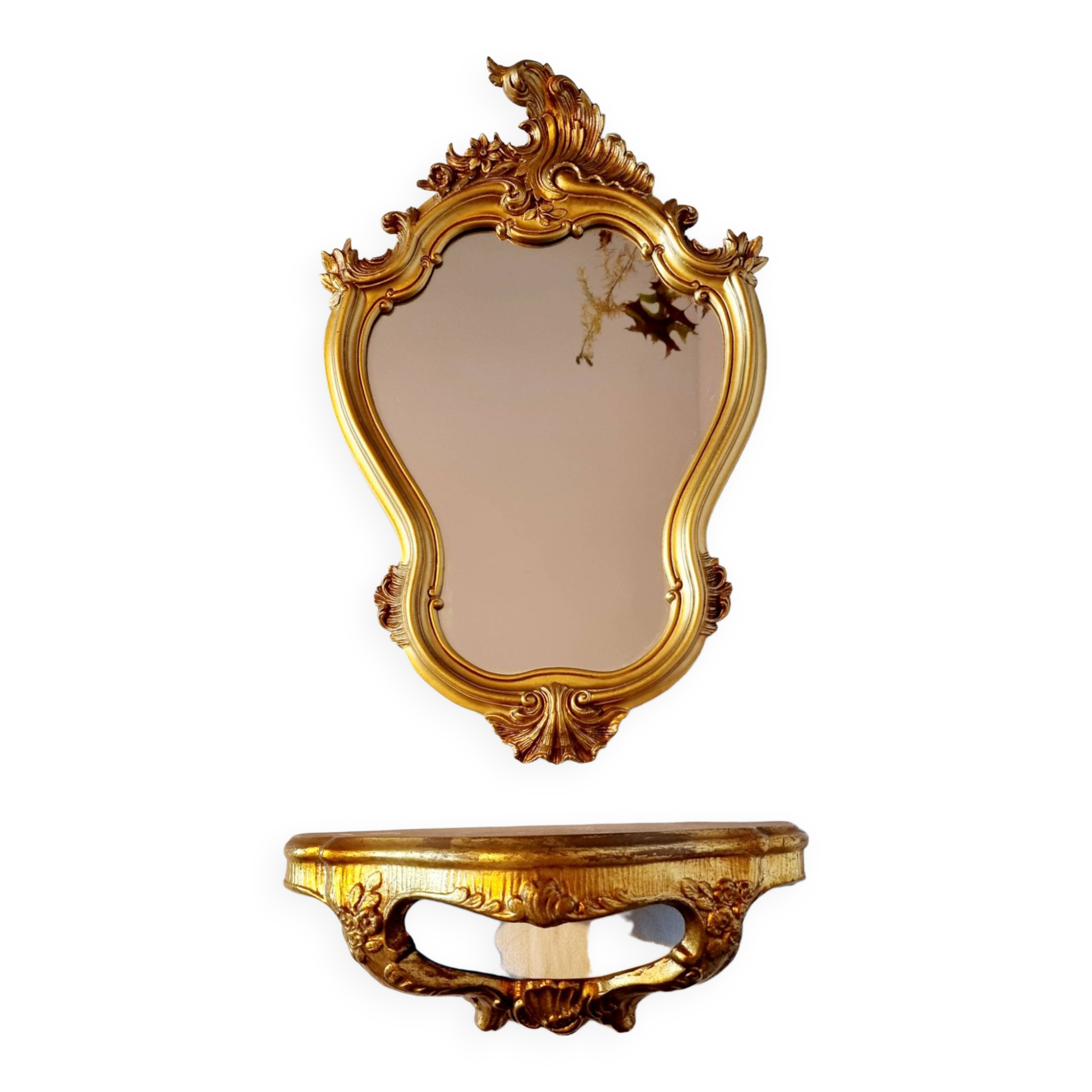 Miroir mural et console dorés de style baroque