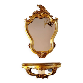 Baroque style gold wall mirror and console