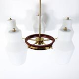 Danish suspension structure in brass and teak with 5 opaline heads