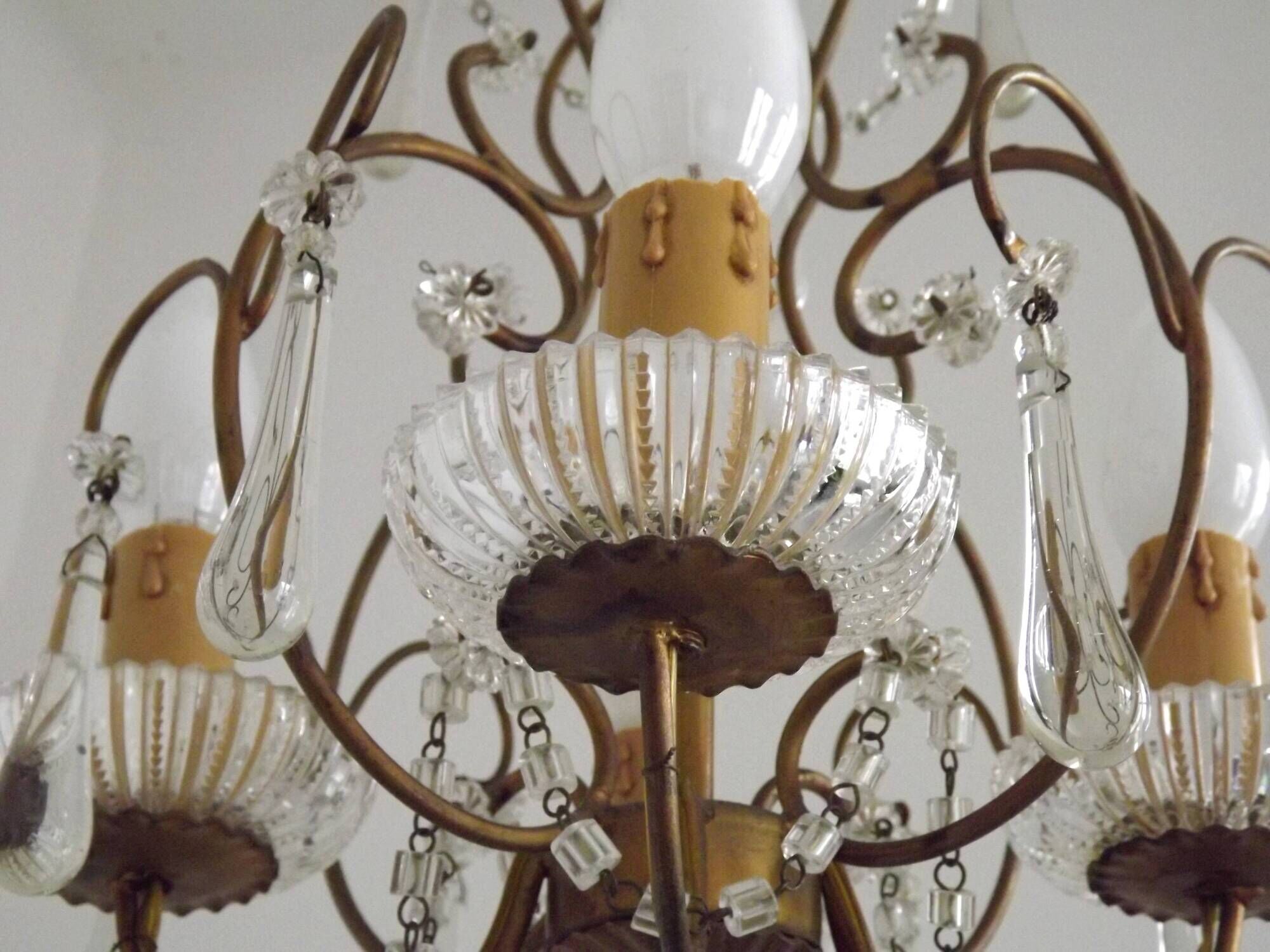 Vintage French 4 Arm Gilded Metal Cage Chandelier Beads Clear Murano Drops