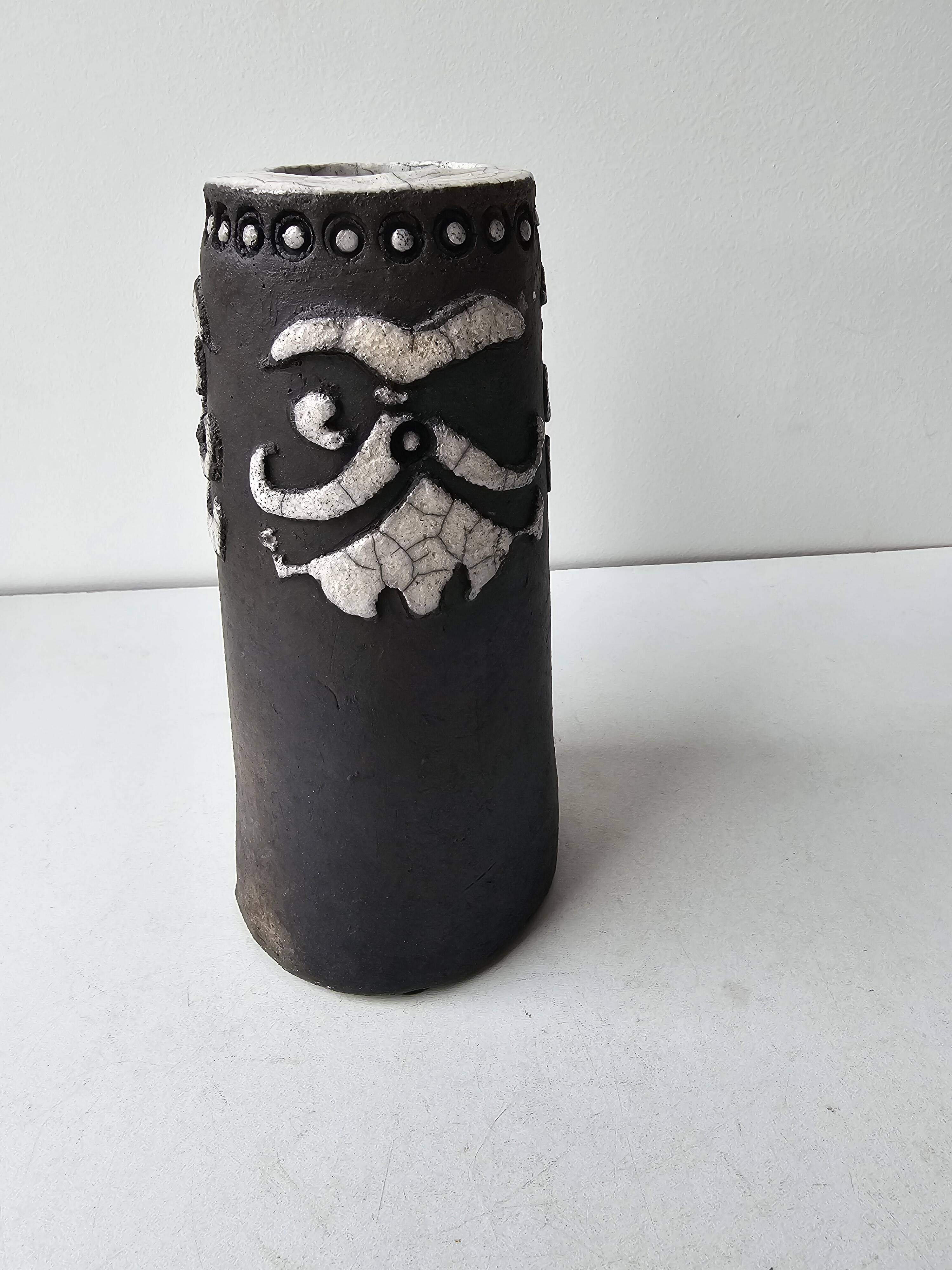 Raku ceramic roll vase signed Potty