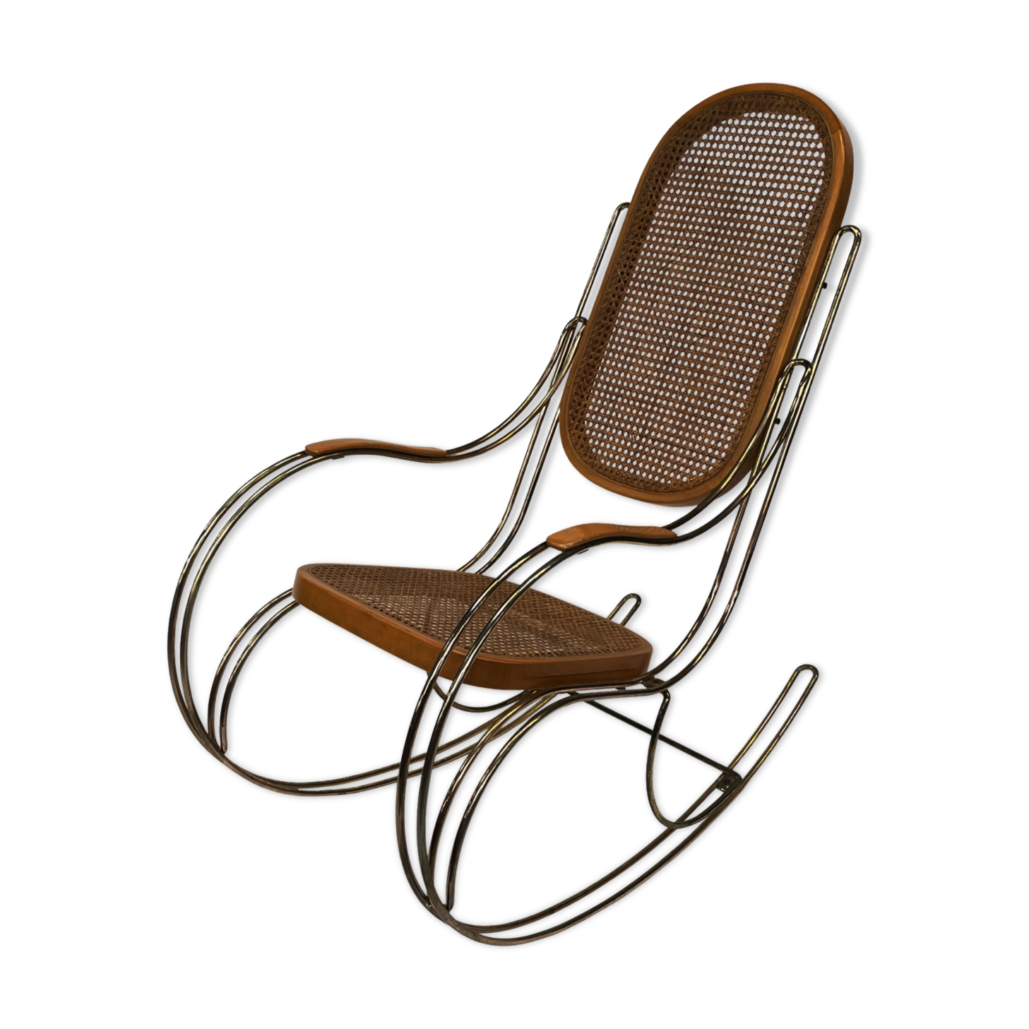 Vintage brass curved wooden rocking chair