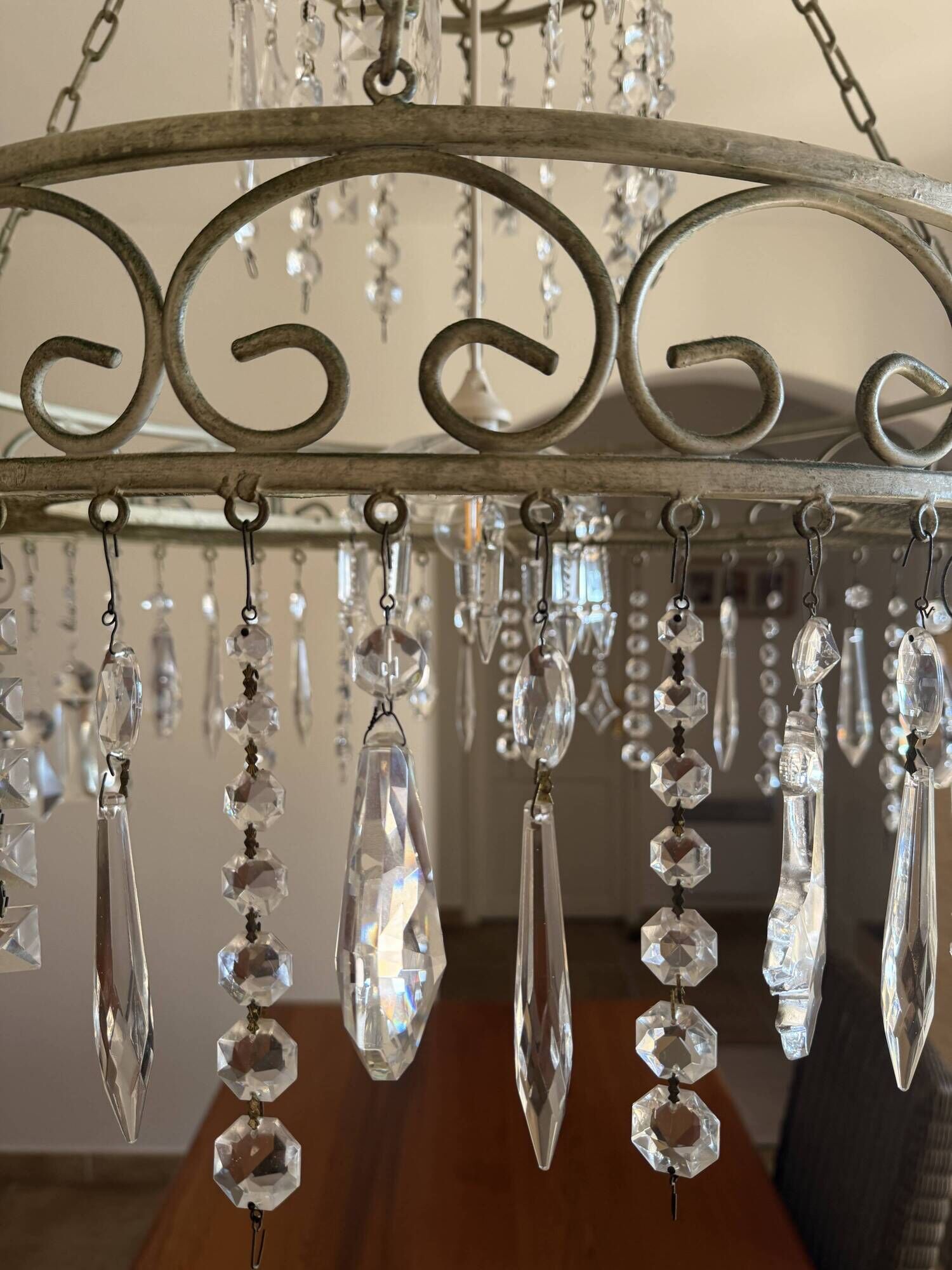 Patinated iron chandelier with pendants, romantic / shabby chic style.