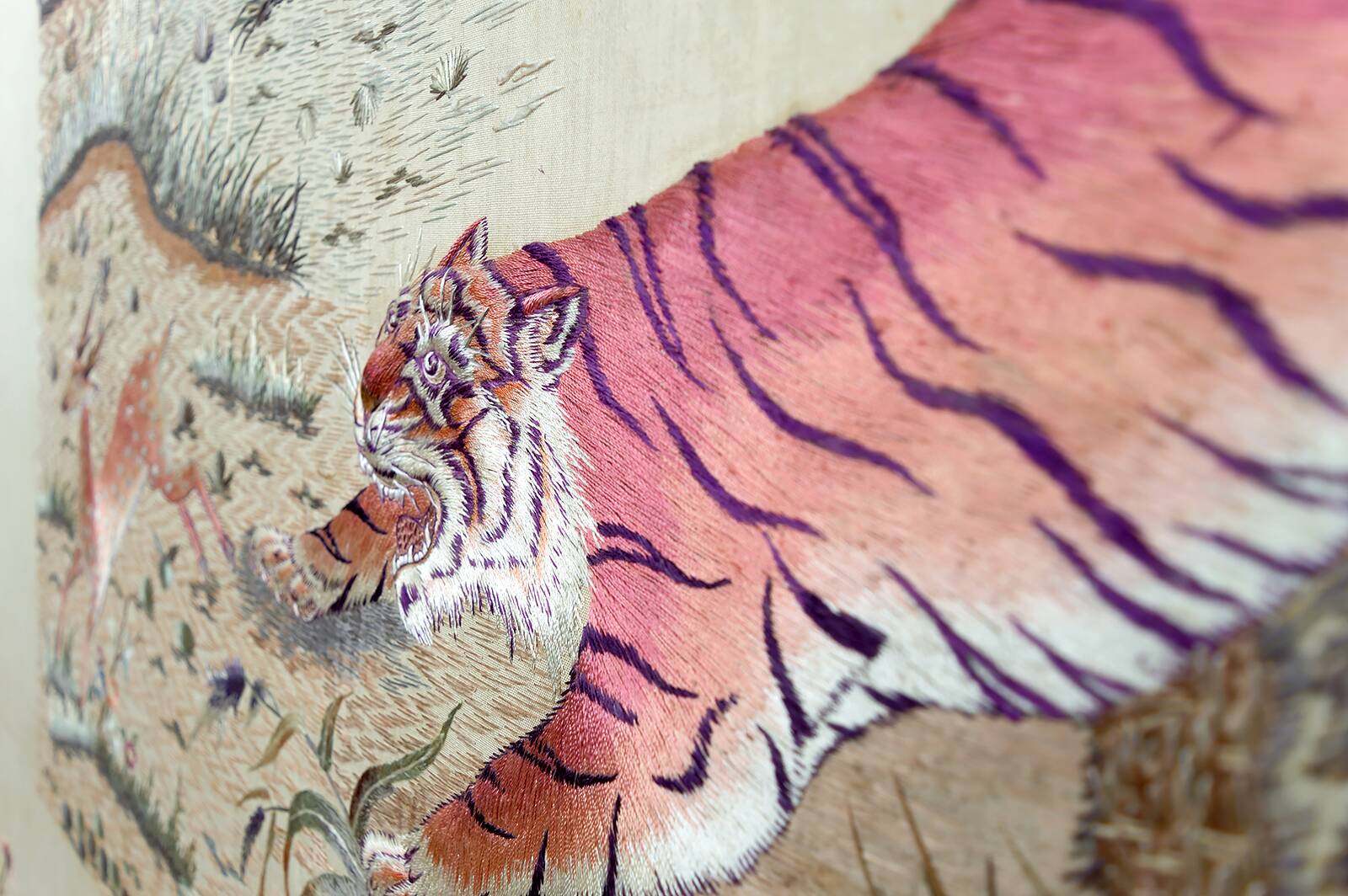 Important Set of Three Indochinese Silk Embroidered Tapestries