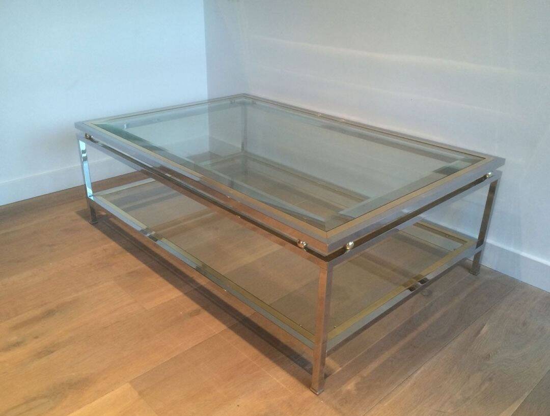 Table basse à double plateau en chrome et laiton