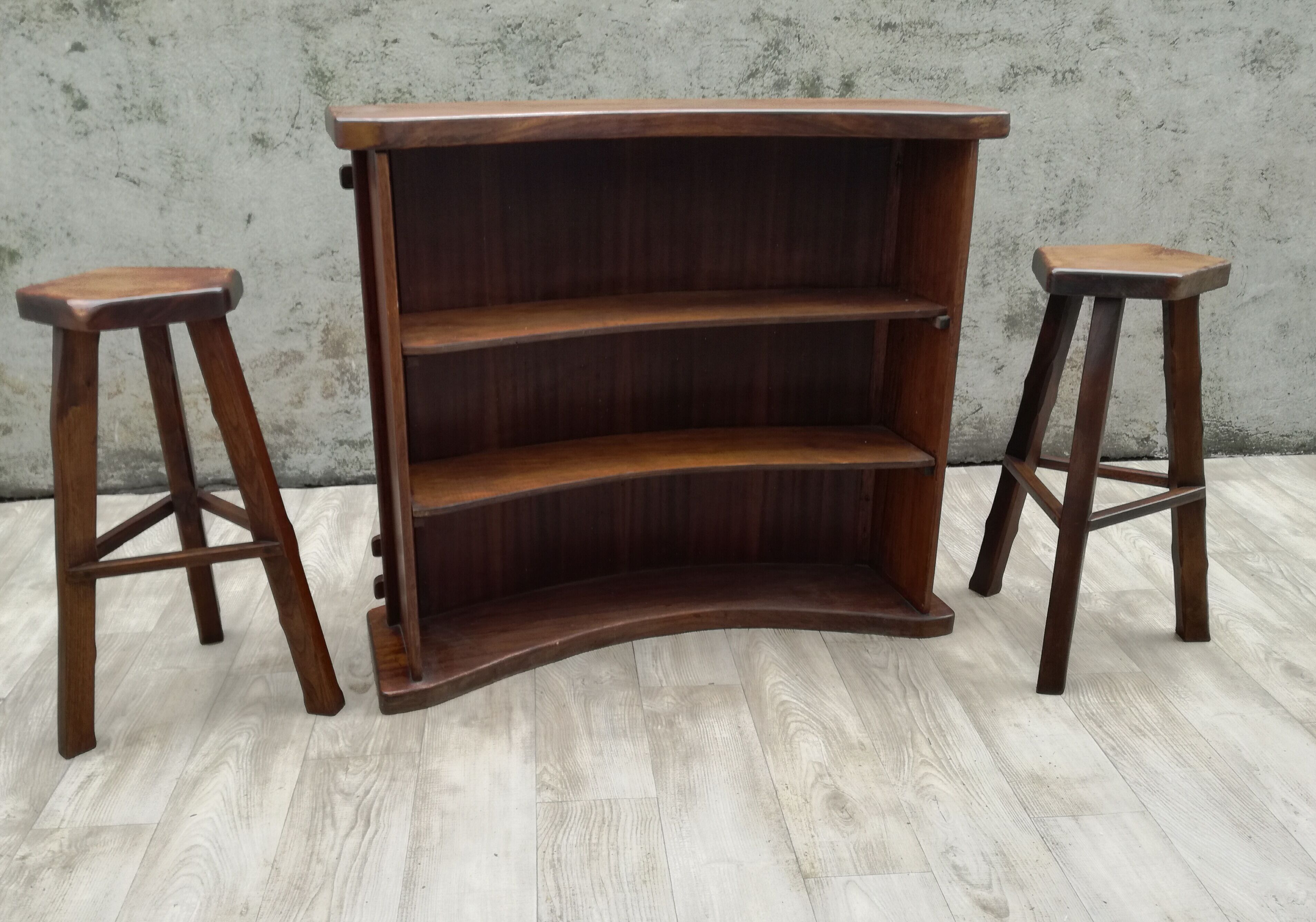 Bar and 2 brutalist stools in massive elm circa 1960