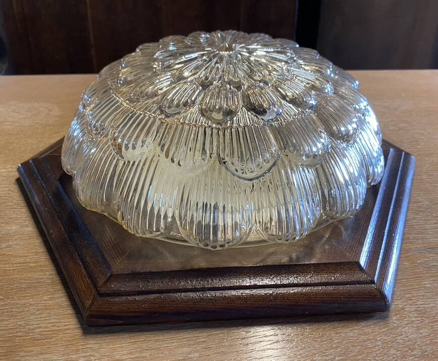 Ceiling light in molded glass and wooden surround, Massive Leuchten, Germany, vintage, 80s