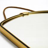 Beautiful small mid-century brass wall mirror with braided hanging strap