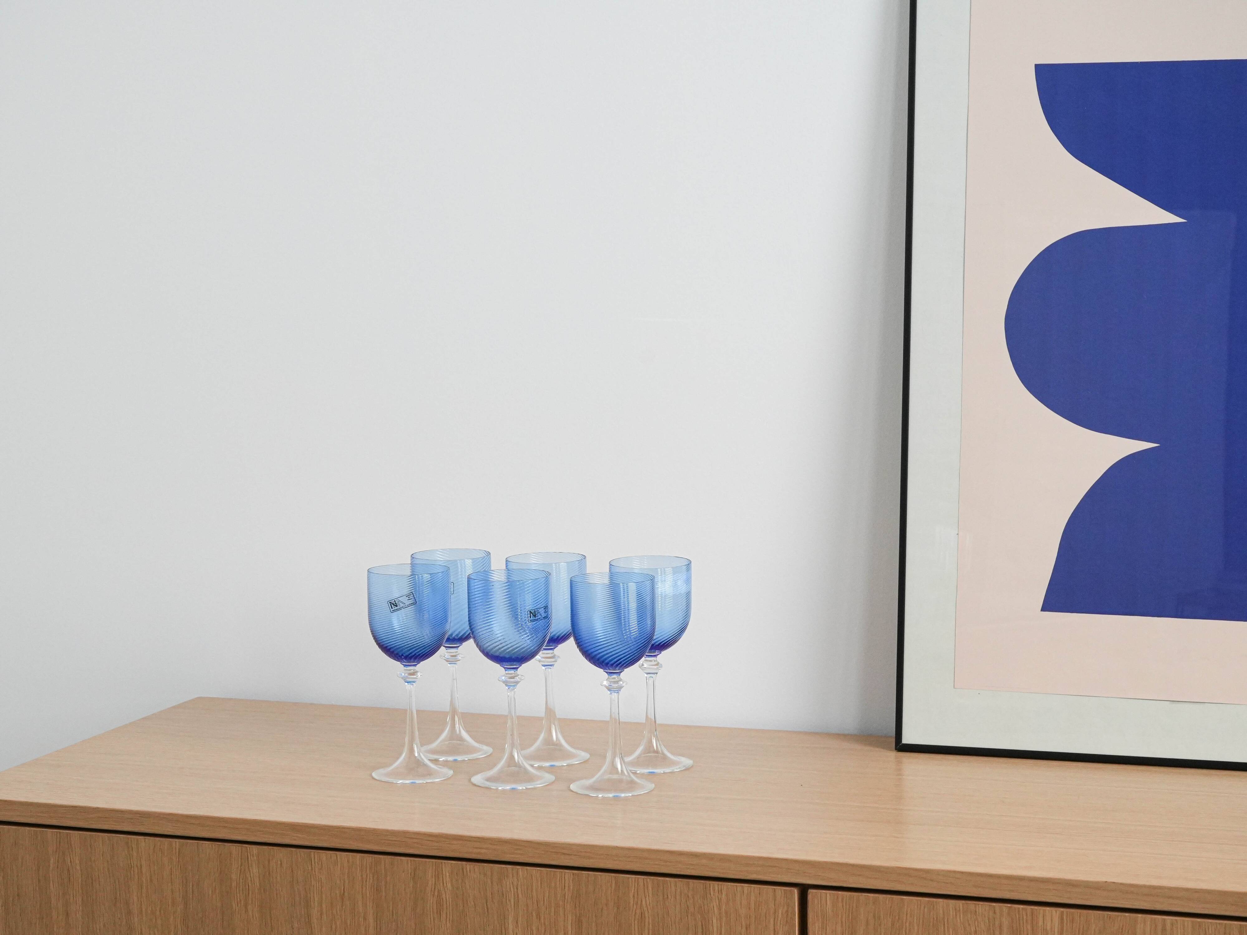 Set of blue glasses, Murano glass, Italian design, 1970s, made in Italy