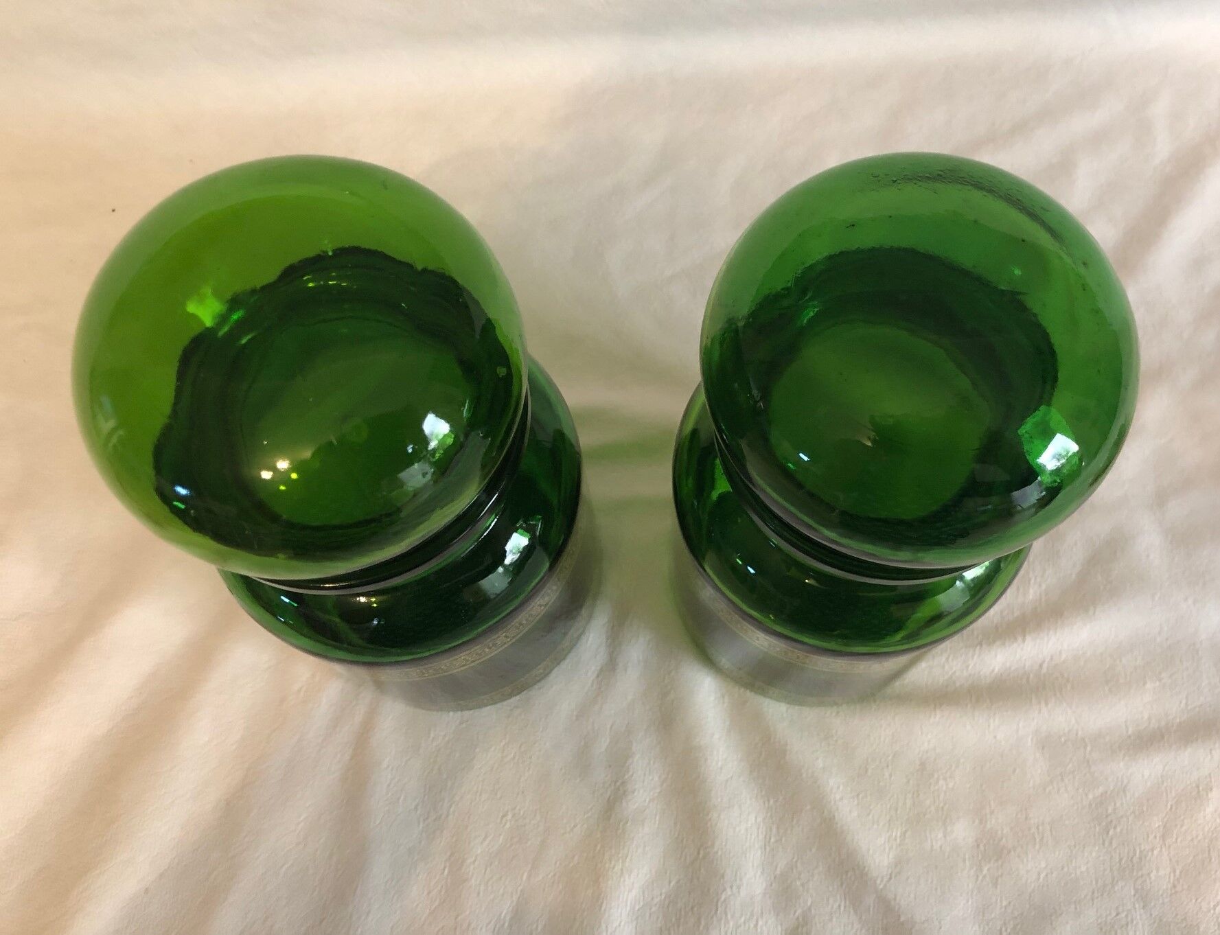2 jars of green glass apothecary and 1970s gilding