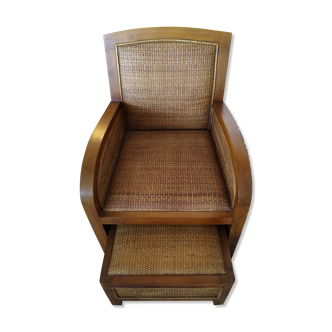 Fauteuil colonial rotin avec ottoman