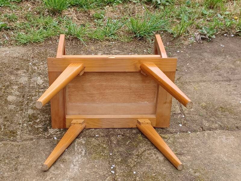 Solid pitch pine bedside table with vintage splayed legs.